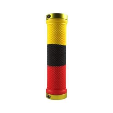 Фото Грипсы велосипедные PROPALM Pro-607EP-S3, 128мм, с 2 грипстопами, жёлтый-чёрный-красный, с упаковкой