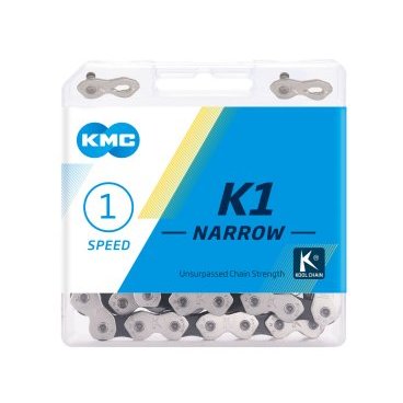 Велосипедная цепь КМС K1 NARROW, 1 скорость, 1/2x3/32"х112", серебро/чёрный, торговая упаковка, K1 NARROW