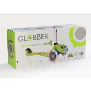 Самокат Globber PRIMO FANTASY LIGHTS, детский, трехколесный, светящиеся колеса, зеленый, 424-006